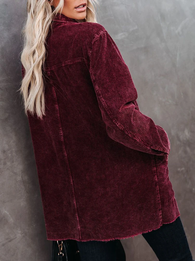

Women Vintage Corduroy Outerwear Cotton Turn-Down Collar Casual Shirt Long Sleeve Pockets Loose Jacket Female Fashion Tops Coat