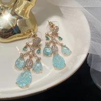 trendy ice broken cz blue tassel drop earring for women wedding jewelry