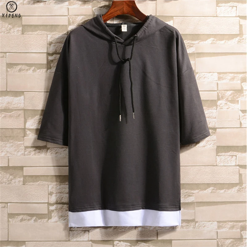 

Summer Men Casual Hoodies Nice Fashion Short Sleeve Fake 2 Pieces Hoodie Shirts Male Plus Size Solid Hooded Streetwear Top