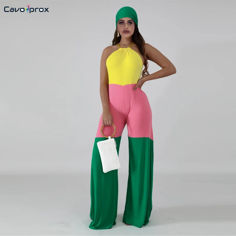 Women Color Block Halter Wide Leg Bodycon Sleeveless Jumpsuits with Hats Casual Plus Size Fashion New Trends | Женская одежда