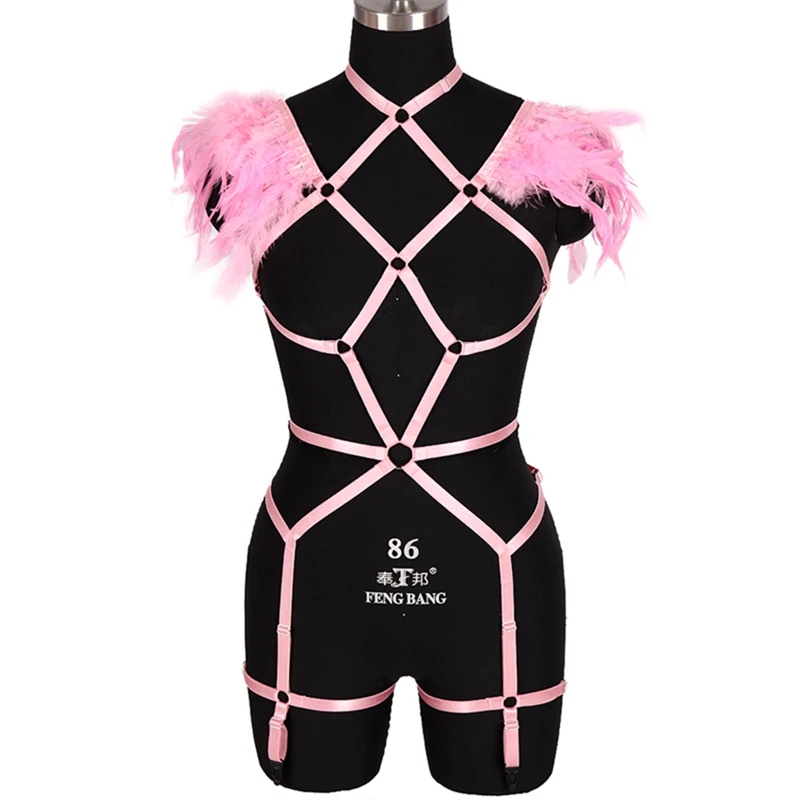 Womens Feather Epaulettes Goth Steampunk Shoulder Wings Sexy Lingerie Set Full Body Harness BurningMan Club Festival Rave Wear