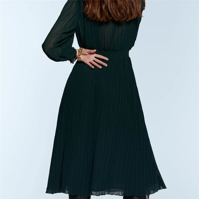 ROHOPO зеленый длинный рукав жатый шифон миди платье с подкладкой полу Высокий