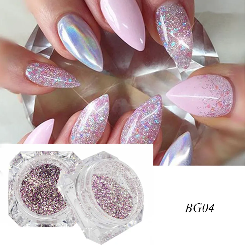 BG04 8 коробок зеркальные серебряные хлопья блестки для ногтей порошок пыль микс круглый шестиугольник Блестки Дизайн ногтей Красота пудра для ногтей LA1506-12 - Цвет: BG04
