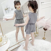 2021 girls summer pants short suit new sleeveless hedging bow tops pearl casualtwo piece suit childrens clothing 4 16 years old