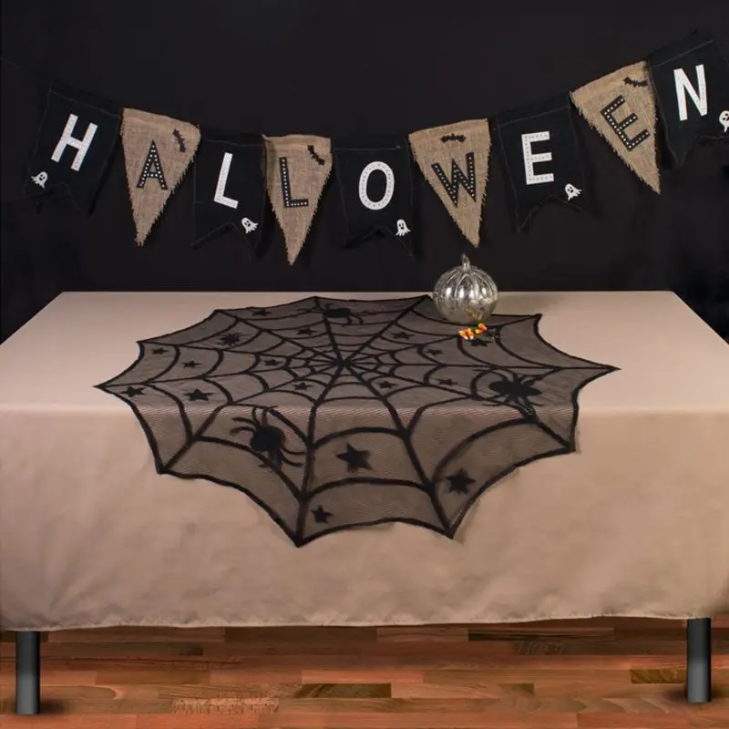 

40-inch Round Lace Table Topper, Black Spider Halloween Lace Table Topper Cloth for Halloween Decorations Party