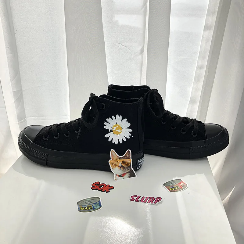Женские холщовые кроссовки с молнией и маргариткой Повседневные высокие кеды