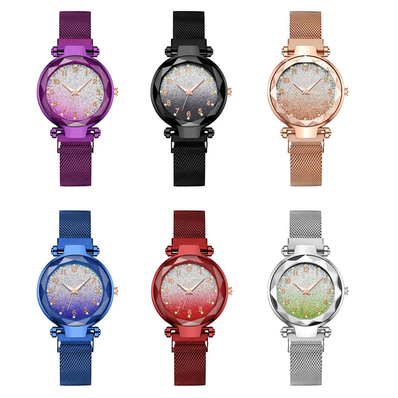 

Reloj clasico con iman de mujeres, pulsera de lujo de cuarzo de acero inoxidable con hebilla de gradiente, cielo estrellado