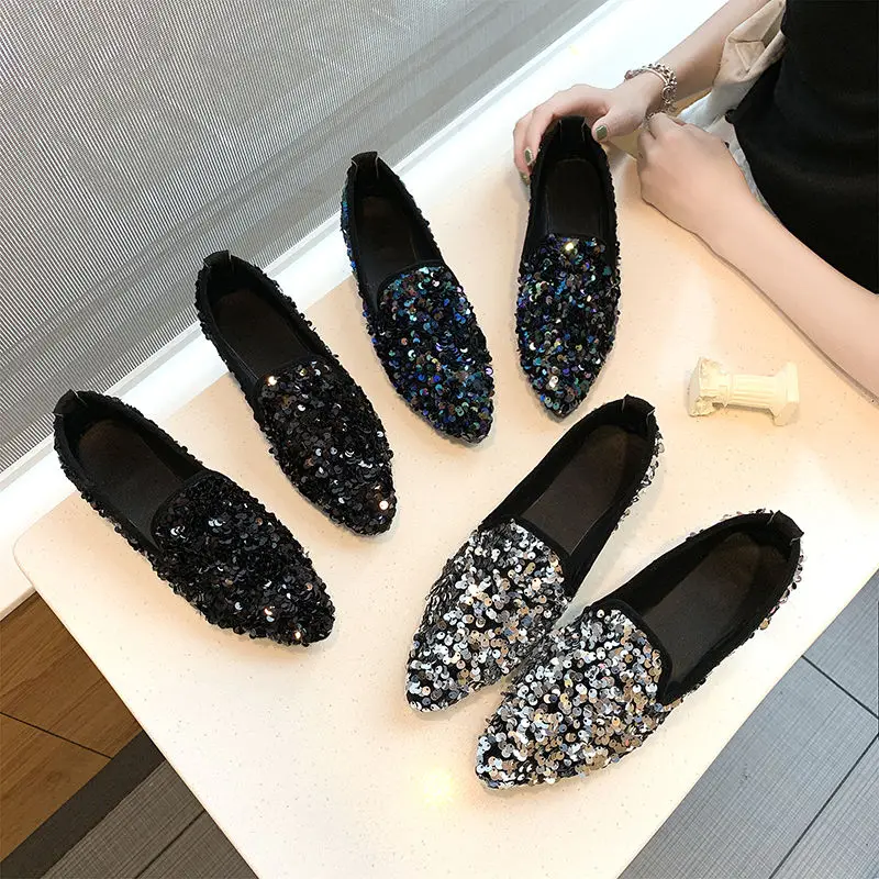 Модные блестящие брендовые осенние женские лоферы на плоской подошве; мокасины; Homme; Повседневная замшевая кожаная обувь; блестящие женские туфли без застежки