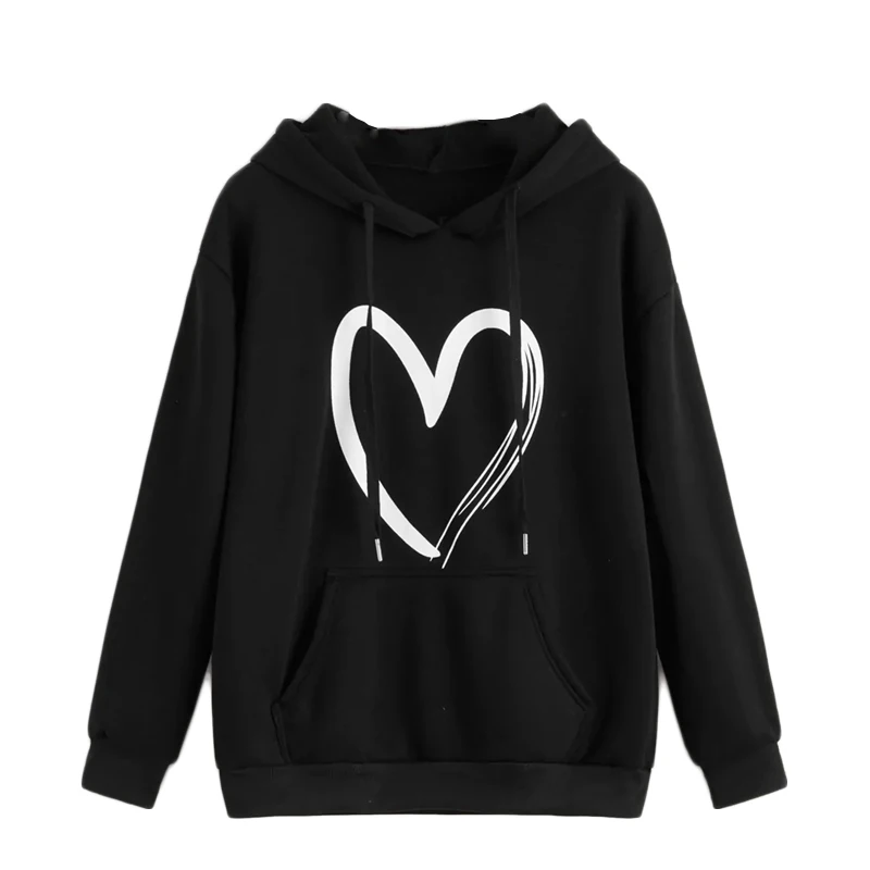 Dotfashion/Черная Толстовка с принтом в виде сердца и передним карманом для женщин, осенняя Повседневная Толстовка с капюшоном со шнуровкой, Женские базовые свитшоты