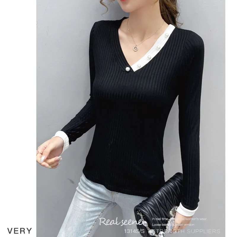 

V-neck Beading T Shirt Women Korean Clothes 2020 Winter Womens Long Sleeve Tops T-Shirt Woman Clothes Cotton Tee Shirt Femme