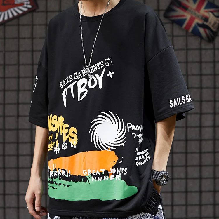 

graffiti seven-point sleeve hip-hop Harajuku loose T-shirt men's trend half sleeve oversized japanese streetwear couple clothes