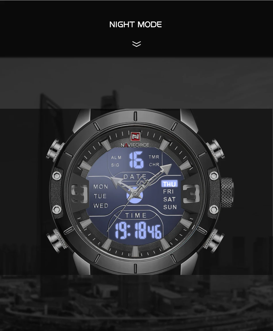 Для мужчин лидирующей марки Элитный бренд NAVIFORCE Для мужчин кожаные мужские кварцевые часы Аналоговые светодиодный цифровые часы Водонепроницаемый военные наручные часы