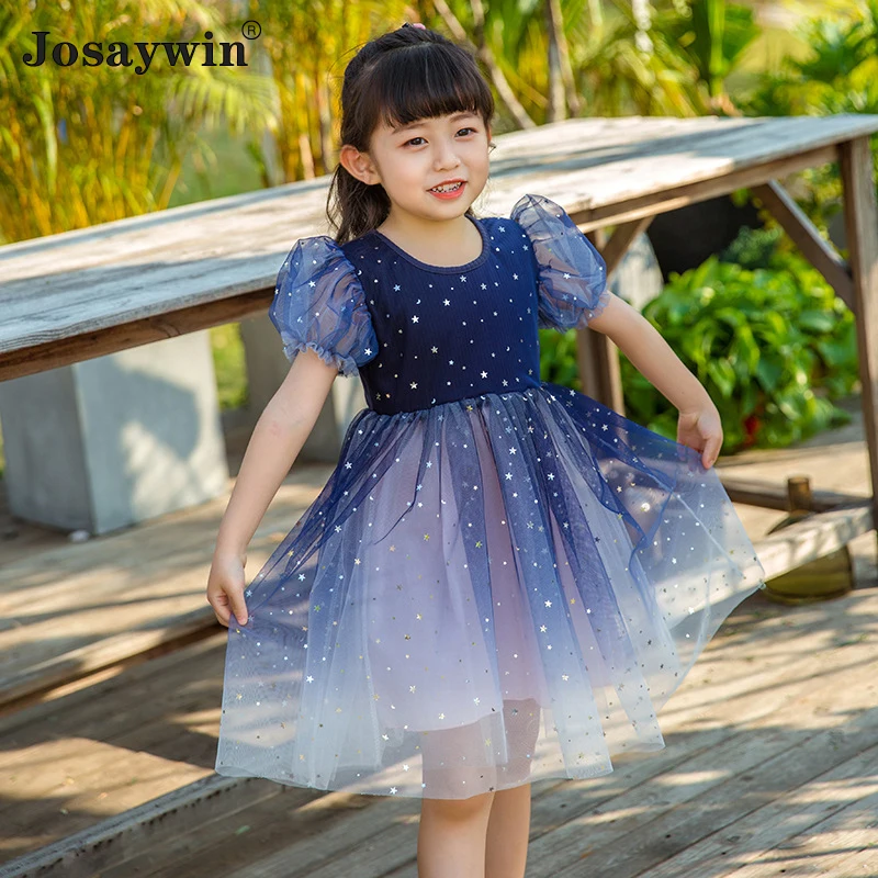 Vestido de malla con cielo estrellado para ni&ntilde;as, ropa de fiesta de princesa con manga abombada, nuevo estilo, 2021-0