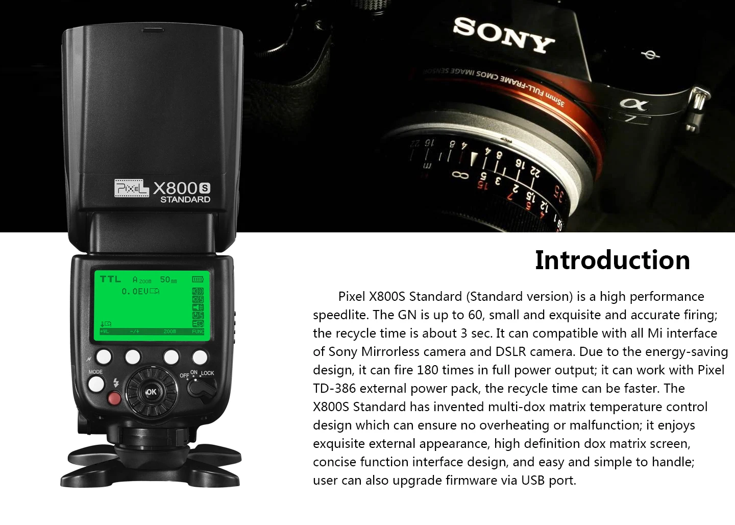 Pixel X800S вспышка GN60 Беспроводная ttl HSS камера Вспышка Speedlite для sony A7 A77 A7R RX1 A6000 A6300 DSLR Vs X800N GODOX