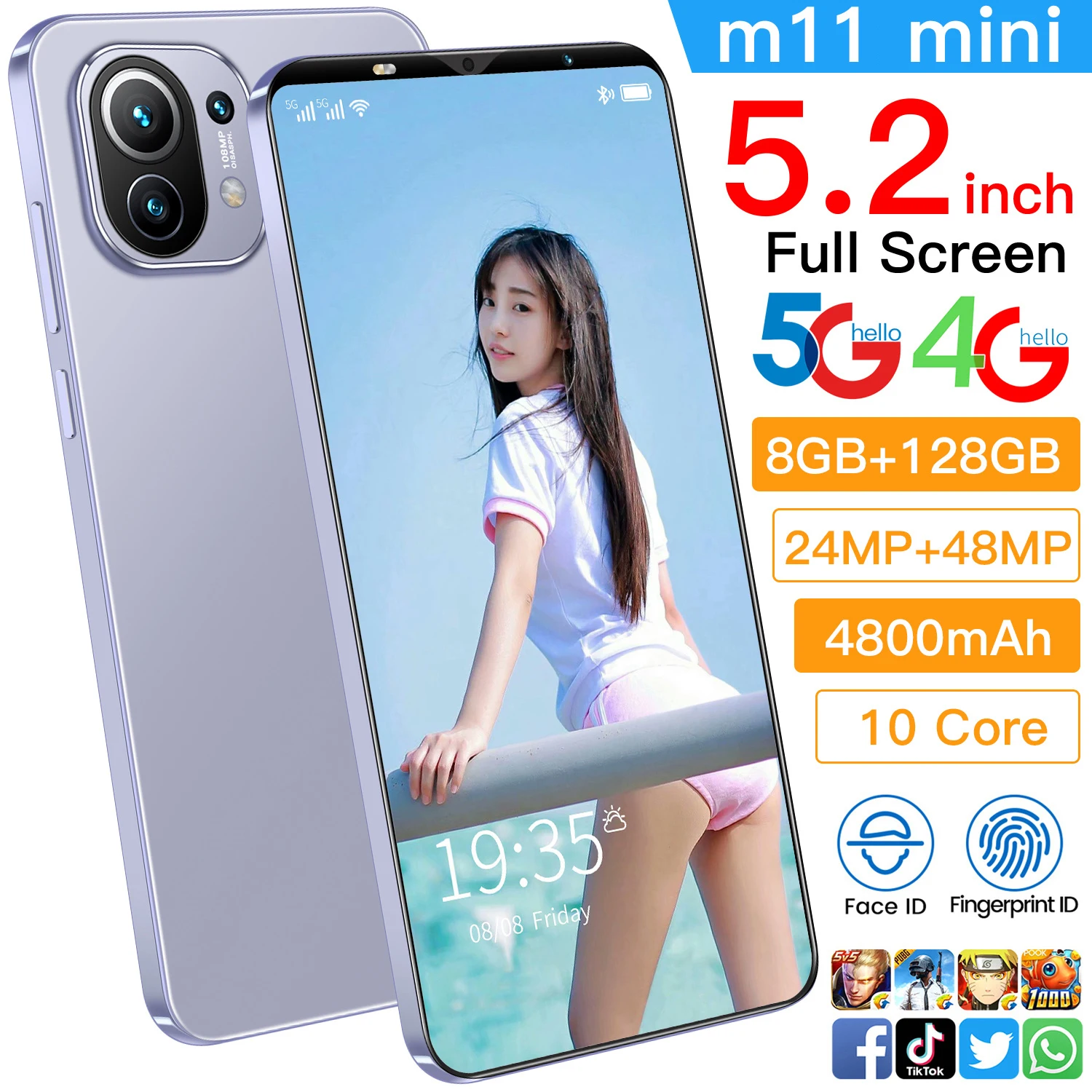 

Unlock Mobile Phone M11mini 5.2-inch Smartphone 8G+128GB Android 10 Phone 4800mAh Battery 24MP+58MP Camera 4G Network Cellphone
