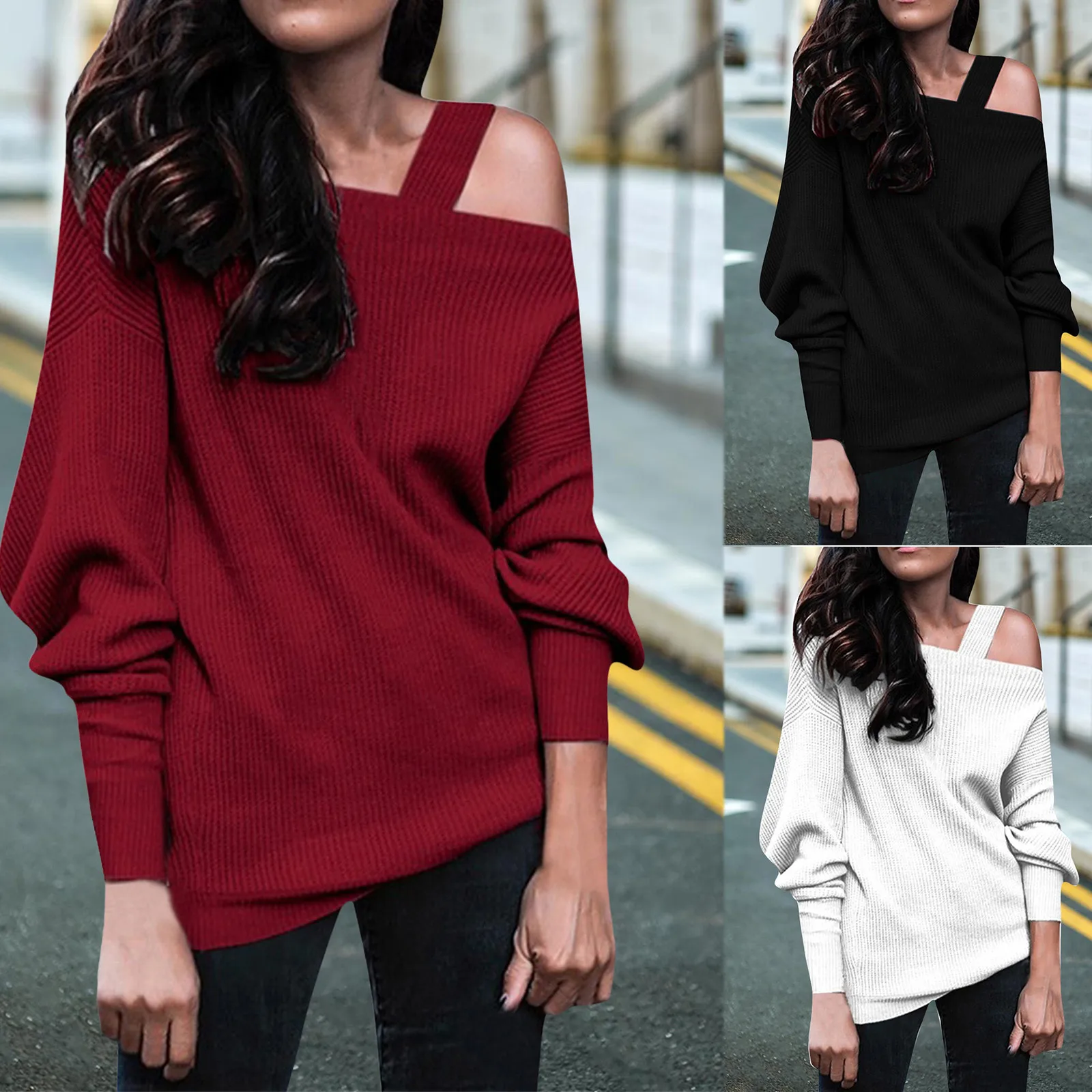 

Женский пуловер на одно плечо, с длинным рукавом, свободного покроя