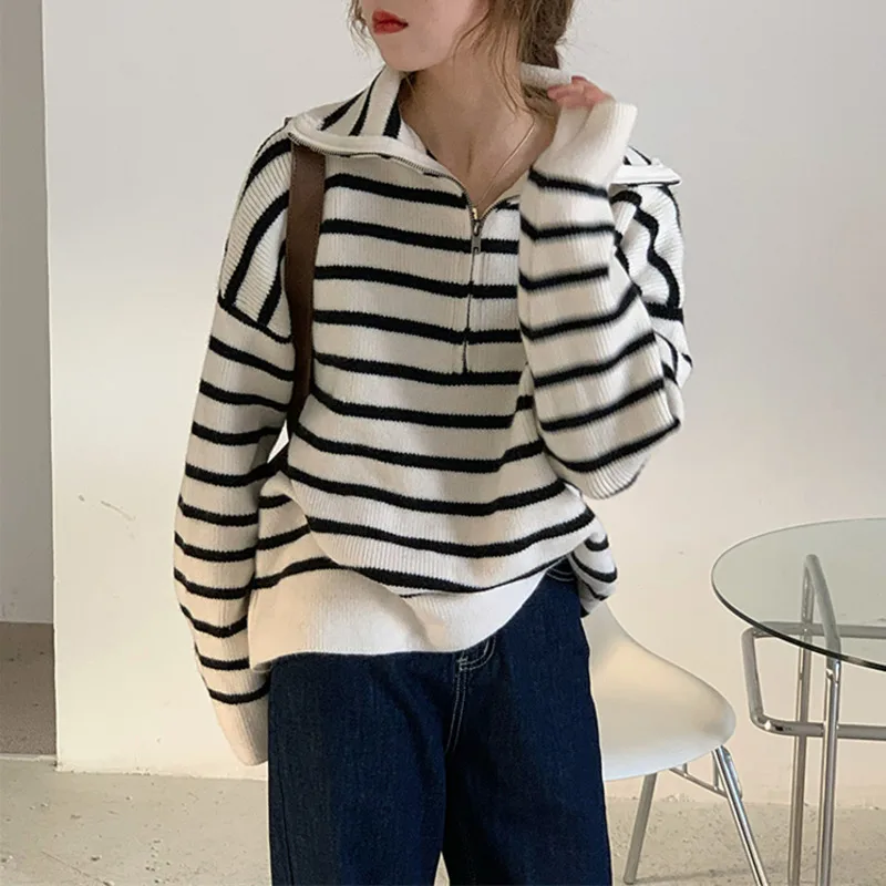 

Spring Autumn Sweater Women Striped Pullovers Long Sleeve Turn-down Collar Knitted Fashion Tops Korean Casual Sueters De Mujer