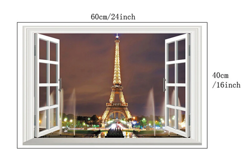 3D Window Paris Eiffel Tower Wall Sticker Art Decal DIY Mural Home Decor Night Wallpaper Eco-friendly | Дом и сад