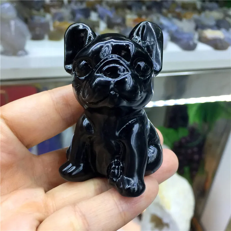 МИЛЫЙ натуральный камень черный обсидиан ручной работы резная собака бульдог
