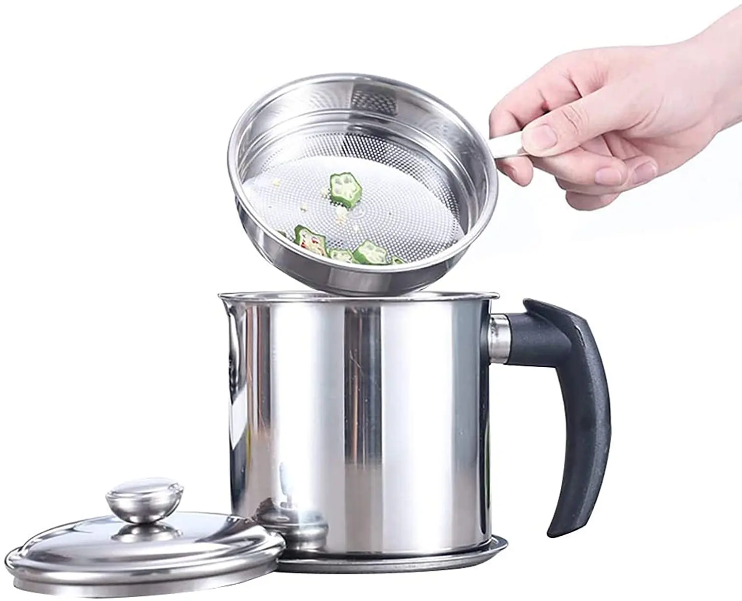 

1.3LStainless Steel Oil Filter Household Oil Pot with Lid Cooking Oil Fat Separator for Filter Residue