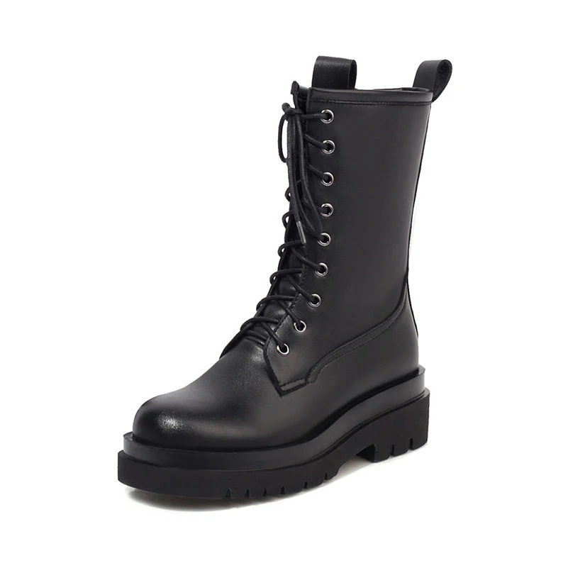 

ANNYMOLI Motorcycle Boots Woman High Heel Mid Calf Boots Lace Up Chunky Heel Shoes Zip Platform Female Boots Black Plus Size 43