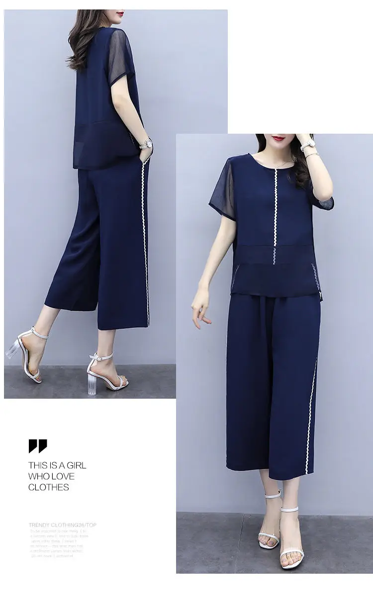 

2020 New Summer Middle Aged Women Causal Fashion Tracksuit Loose Chiffon Two Piece Mother Suit Plus Size 4XL Pants Set W212