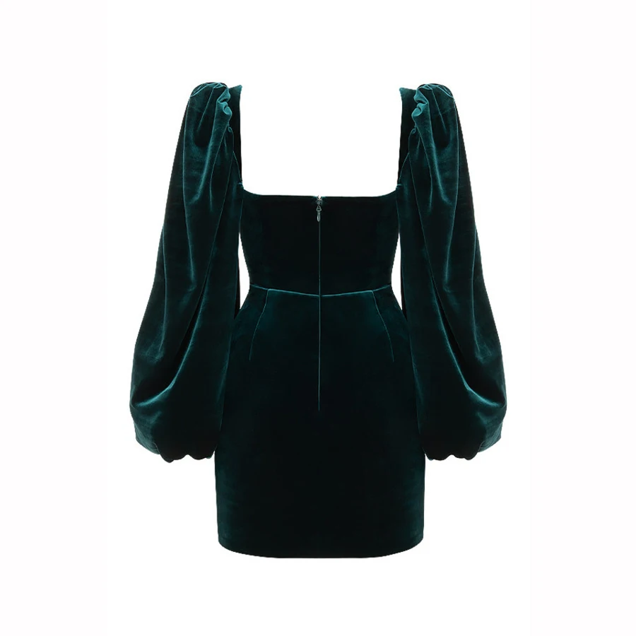 

2021 Summer New Women Green Mini Dress Sexy Open Back Strappy Hollow Puff Sleeve Corduroy Dress Fashion Vestido Club Party Dress