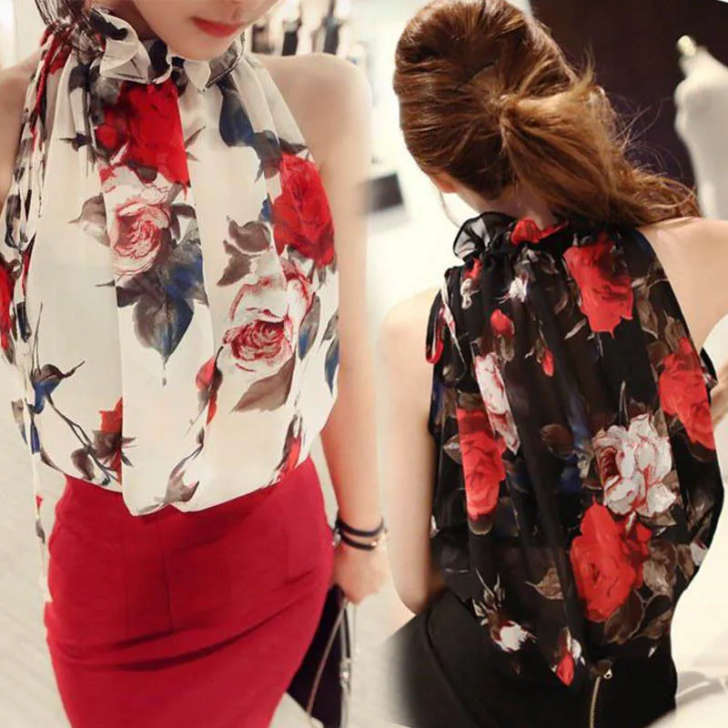 Корейская женская шифоновая блуза на бретелях 2019 Сексуальная рубашка с