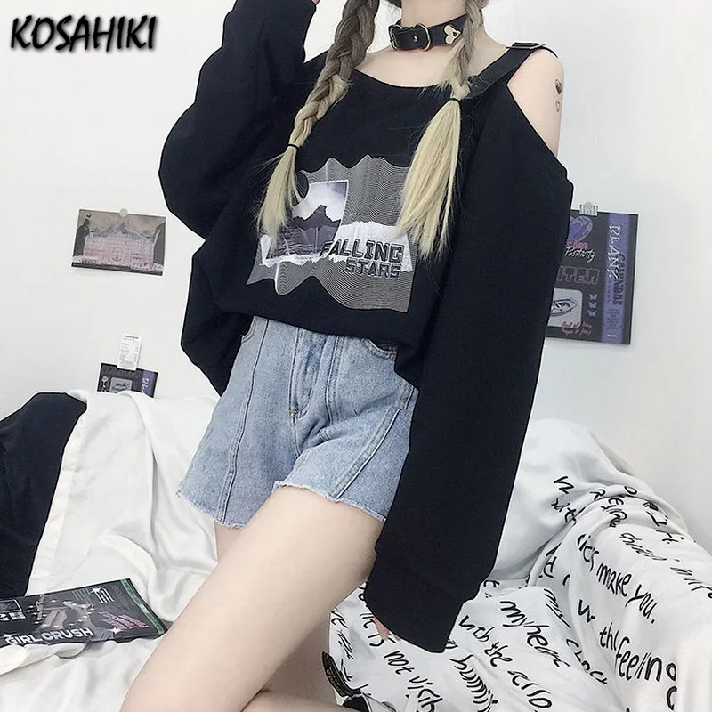 

KOSAHIKI Sexy Y2k Belted Off Shoulder Hoodies Women Harajuku Gothic Loose Tops Sweatshirts 2021 New Korean Fashion Sudaderas