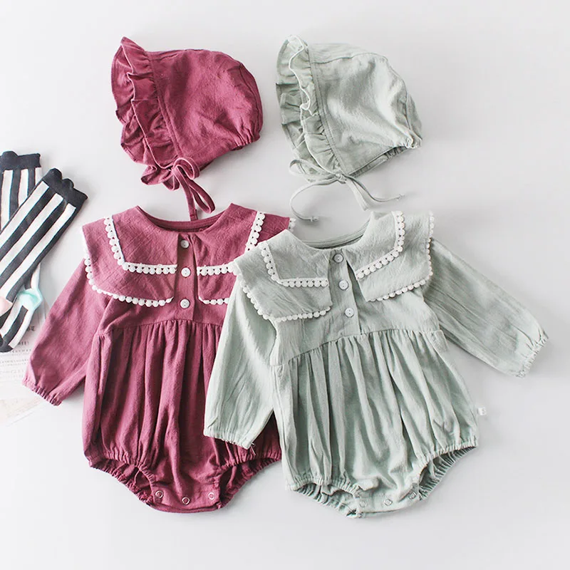 

Spring Autumn Baby Girls Rompers Baby Clothes Bodysuit Turn-down Collar Long Sleeve Rompers Infant Girls Rompers