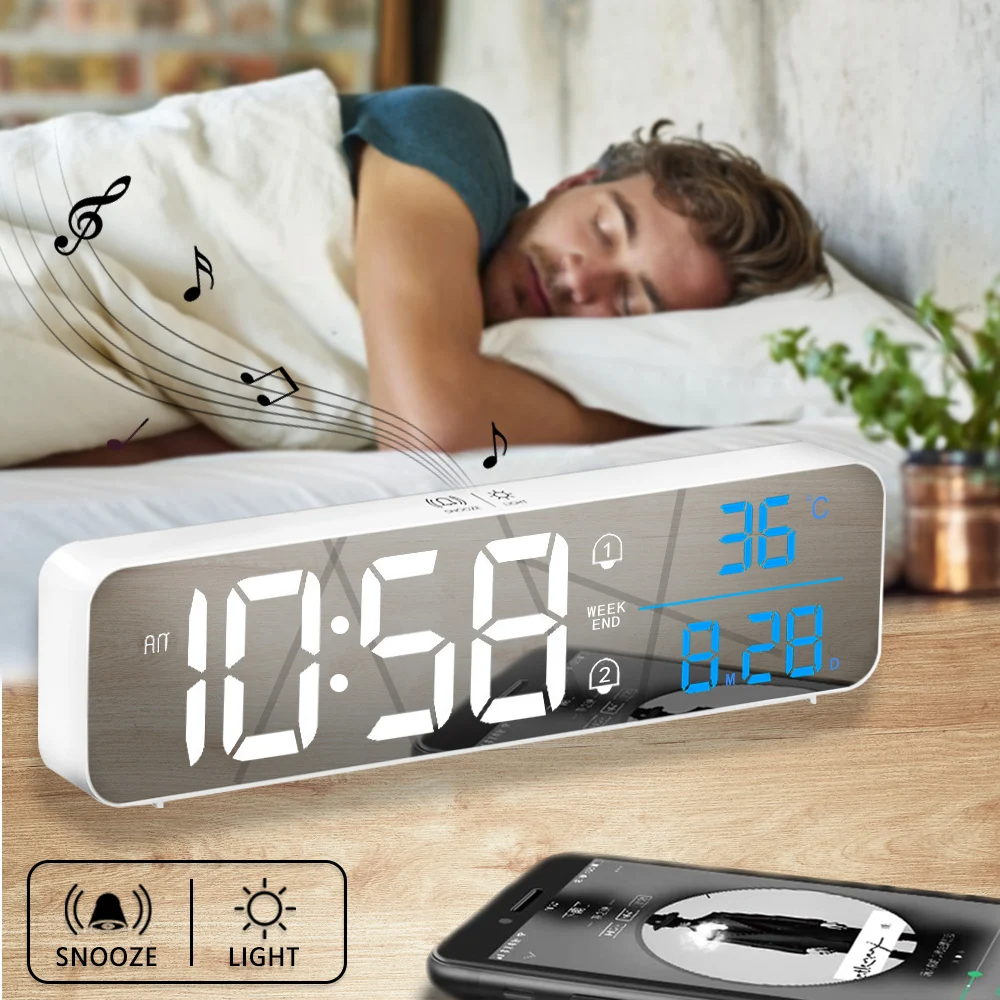 

Music LED Digital Alarm Clock Temperature Date Display Desktop Mirror Clocks Home Table Decoration Electronic Clock 2000 mAh