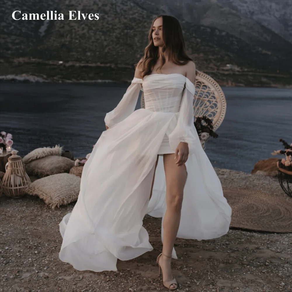 

Boho Chiffon Puff Sleeve Wedding Dress 2022 Off The Shoulder Sexy Slit Bride Gowns Robe De Mariée A-line Beach Wedding Gown