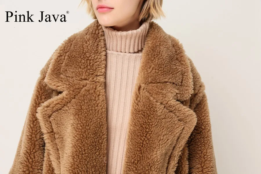 Розовое JAVA QC1848 Новое поступление пальто из натурального овечьего меха длинное стильное верблюжье плюшевое пальто более размера зимнее женское пальто