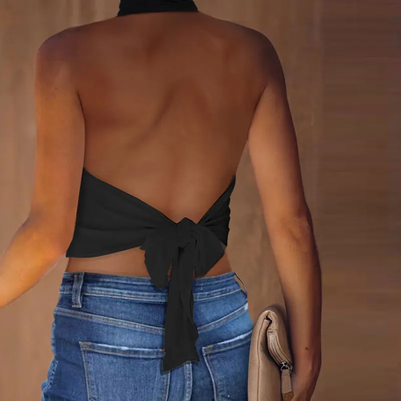 

2021 Summer Women Sleeveless Garment Skinny Black Sexy Halter Fashion Elegant Vest Casual Plain Neck Hanging Cold Back Tops