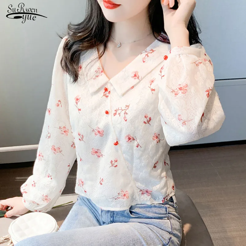 

2020 Casual Lace Crossbody Elegant Shirt Autumn Fashion French Print Blouse Sweet Long Sleeve V-neck Split Blouses Blusas 11048