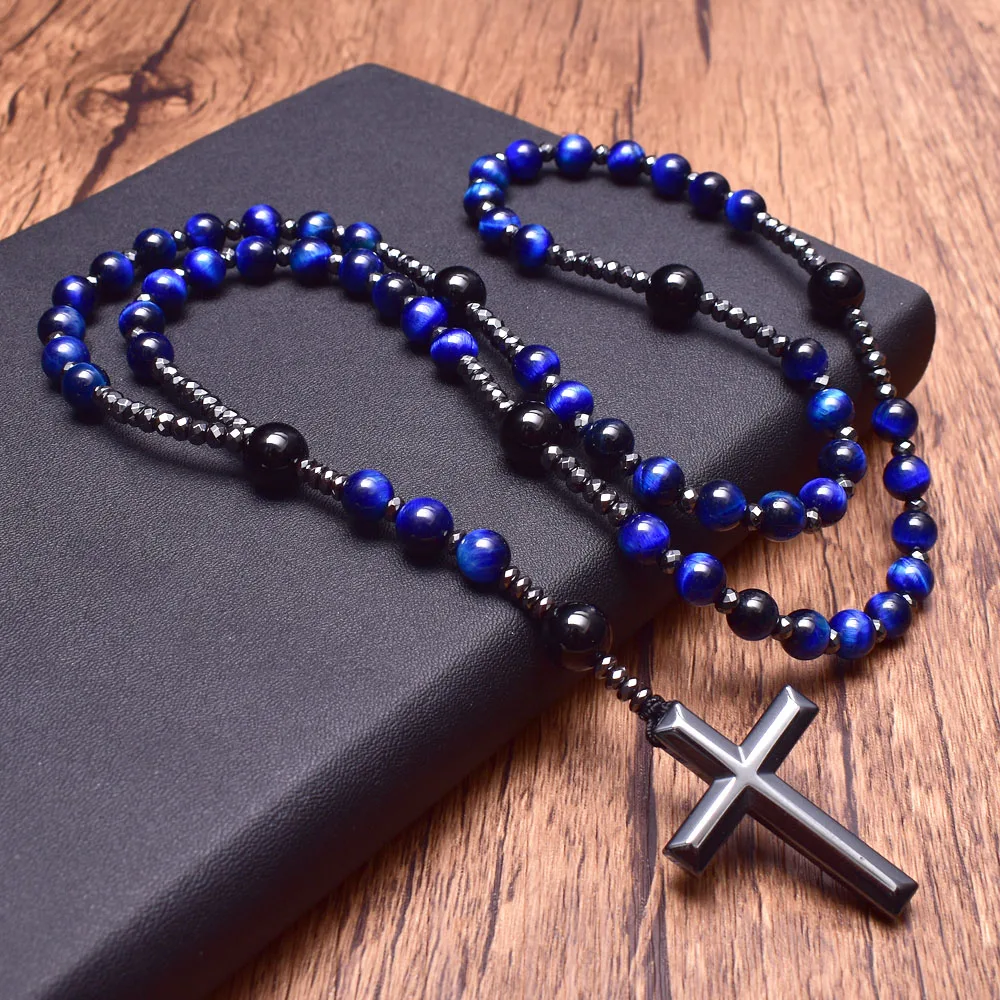 Натуральный камень темно-синий тигровый глаз оникс Розарий с крестом гематит