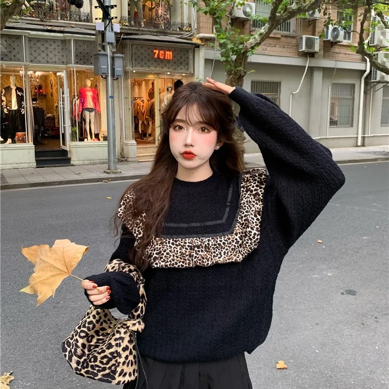 

Women Sweater Long Sleeve Pullover Autumn Winter Casual Leopard Patchwork Jumper Loose Sweaters Oversized Sweaters