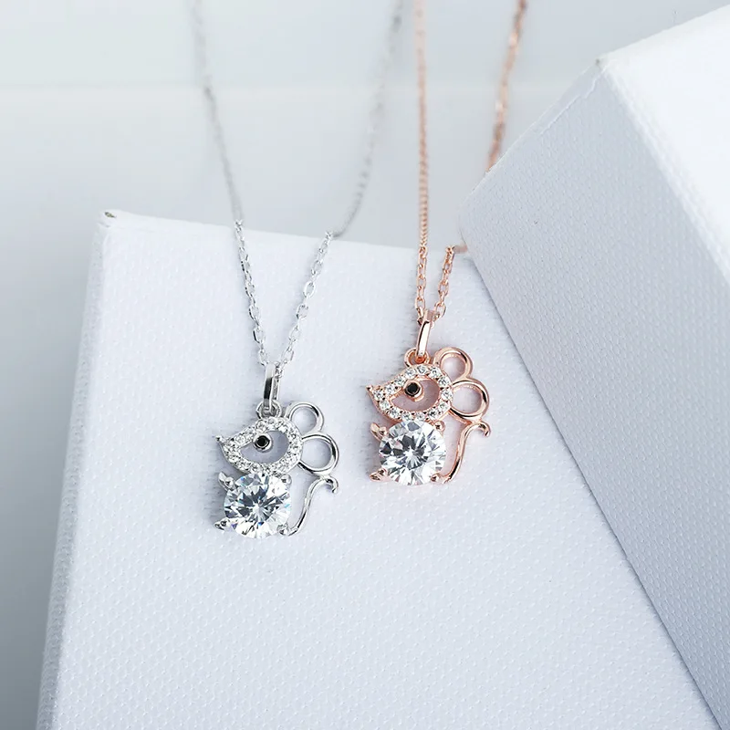 S925 Стерлинговое серебро кулон в виде мыши Полный Кристалл Циркон натальный год