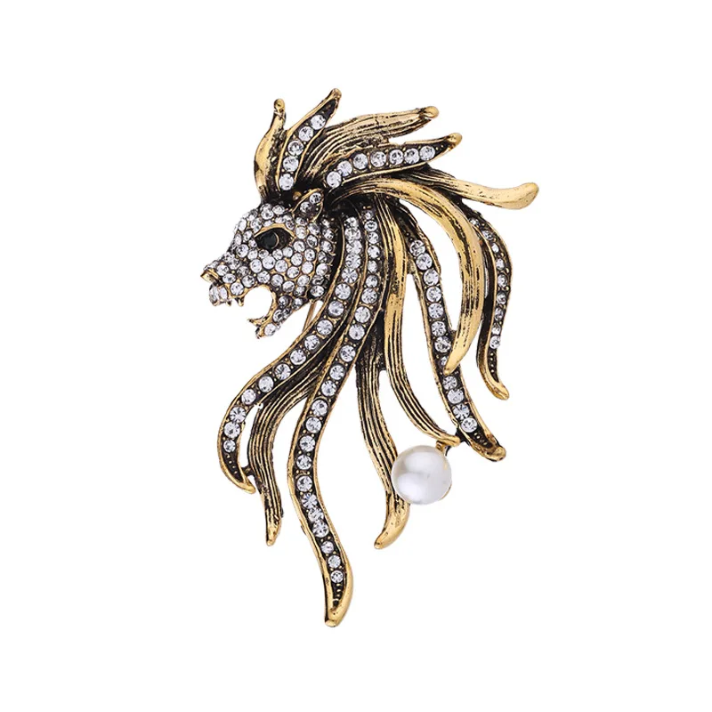 

Crystal Lion Brooches With Artificial Pearl For Women Wild King Style Pin Animal Fashio Jewelry Winter Coat Jacket Accessories