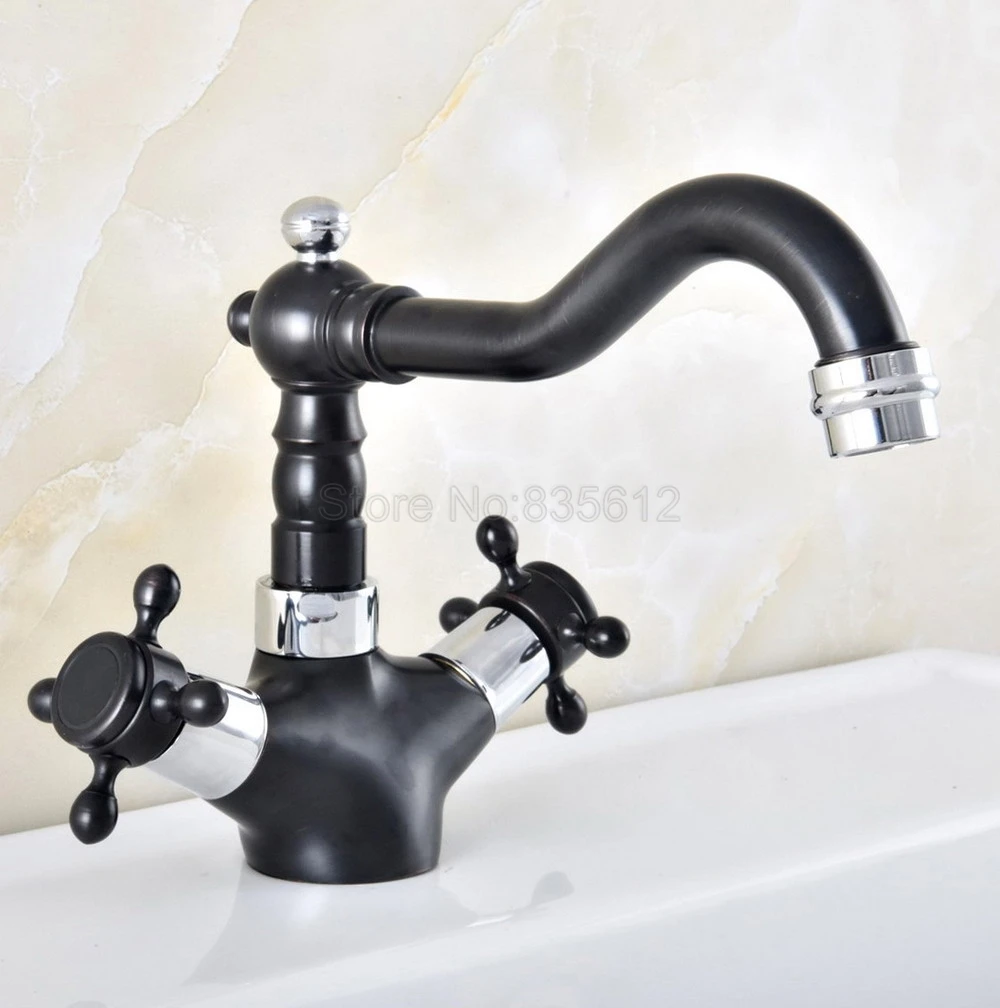 

Chrome Black Bathroom Basin Faucets Brass Dual Cross Handle Sink Faucets Tall Swivel Spout Washbasin Vanity Mixer Taps tnf481