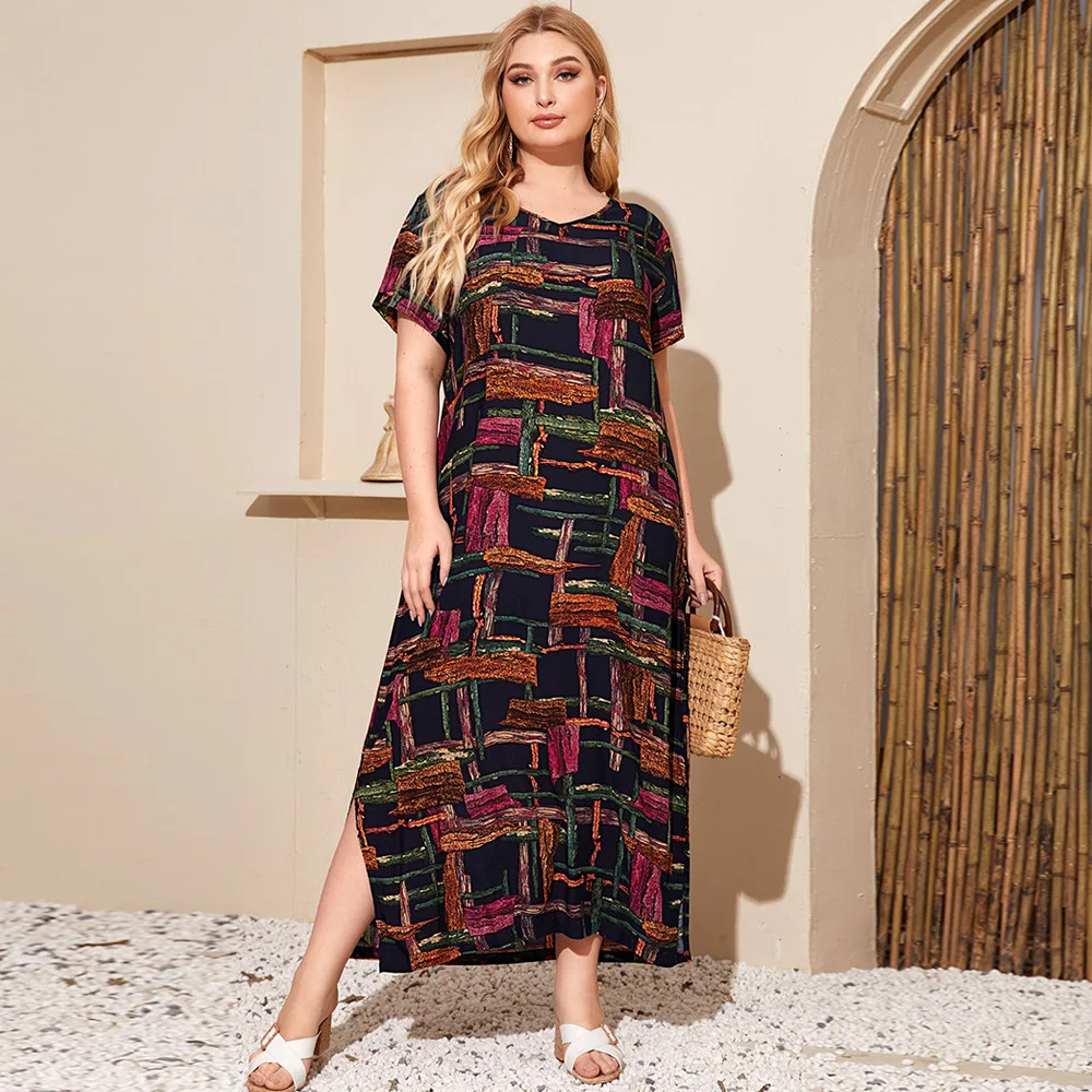 

Plus Size Dress Women 2020 Summer V Neck Short Sleeve Colorful Plaid Print Casual Dress Elegant Side Split Maxi Long Dresses