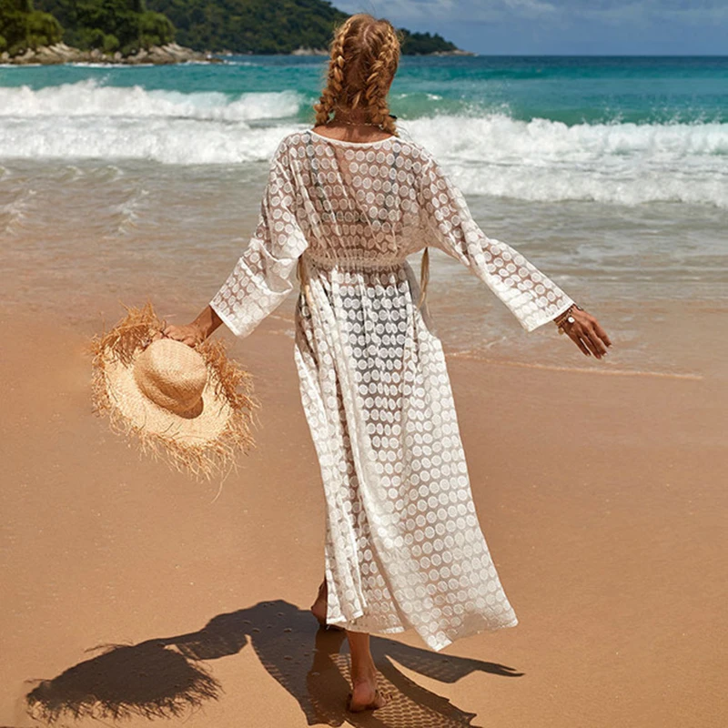 

2021 summer seaside vacation beach skirt see-through lace sexy swimsuit blouse tassel belt cardigan sweet dress
