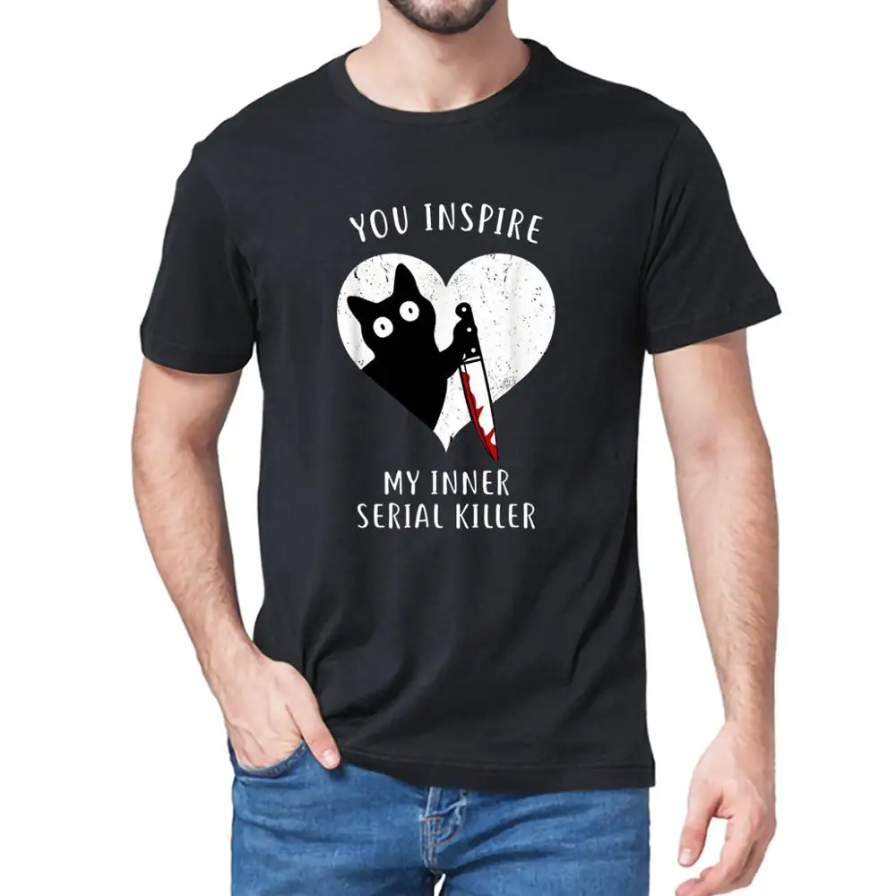 

Футболка мужская с коротким рукавом, хлопковая модная тенниска с забавным котом в сердце-You Inspire Me, подарок для любимых, лето