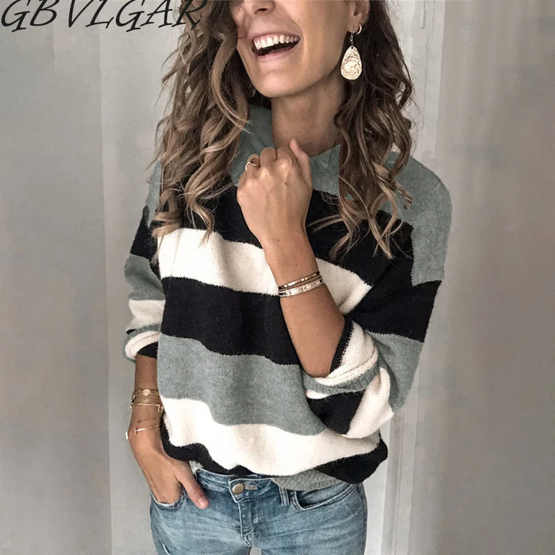 

Autumn Winter Women Fashion Plus Size Long Sleeve Pullover O Neck Color Block Loose Knitted Patchwork Sweater pull femme jersey