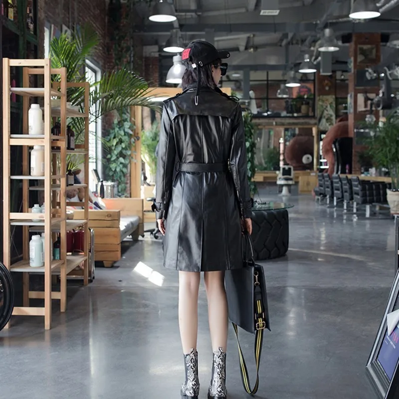 

Women's desk double button leather real grip medium length thin leather