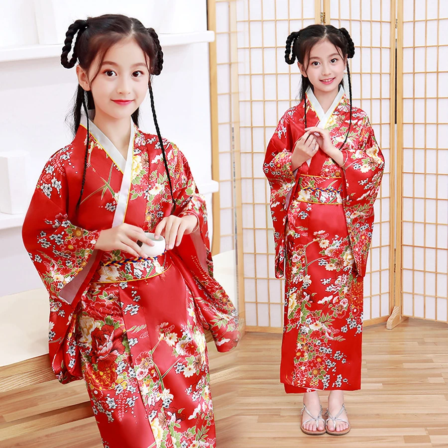 Халат для девочек цветочное кимоно ясельного возраста атласное шелковое платье