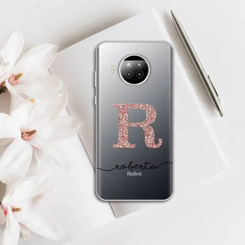 

ABC Name Letter Glitter Gold Phone Case Transparent for Xiaomi mi Redmi note 10 t 8 9 pro lite 11 Samsung S 8 9 10 20 plus ultra