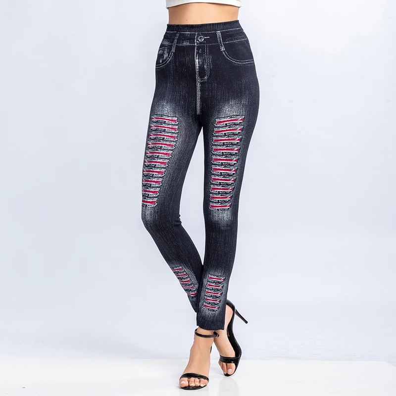 Sfit женские леггинсы в полоску с принтом имитация джинсовой ткани тонкие для