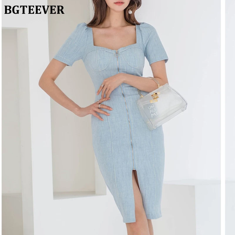 Модное сексуальное женское платье BGTEEVER с квадратным вырезом Синее джинсовое