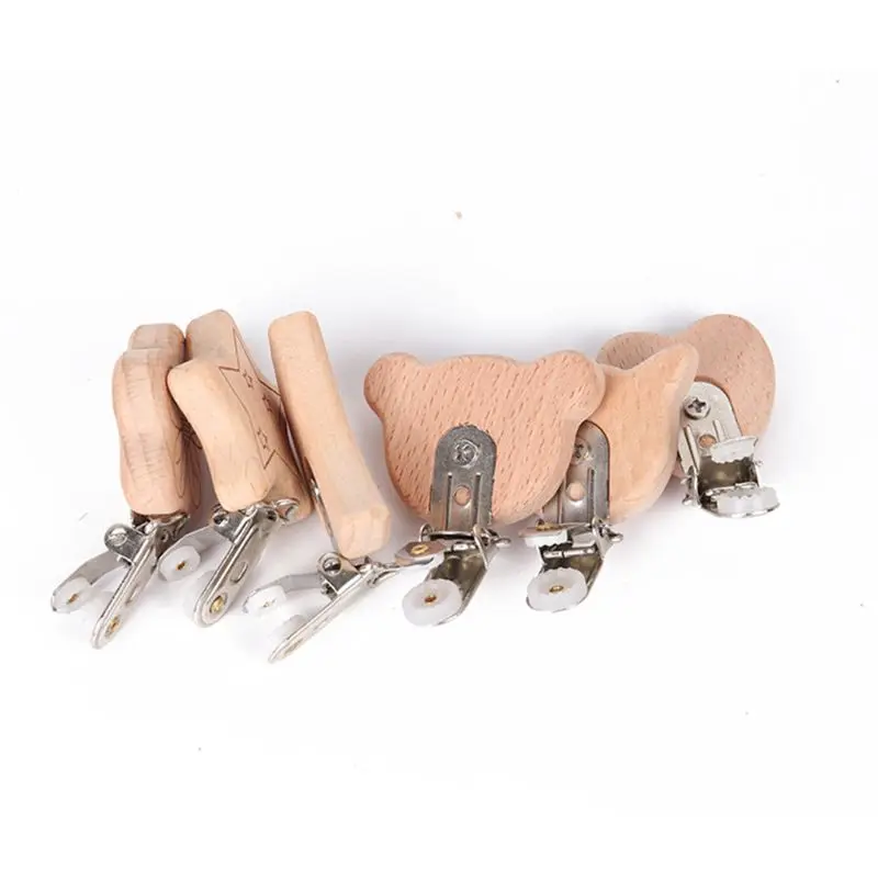 

5Pcs Natural Beech Wood Animal Pacifier Clip Baby Teether Safety Clasp Accessory 24BE